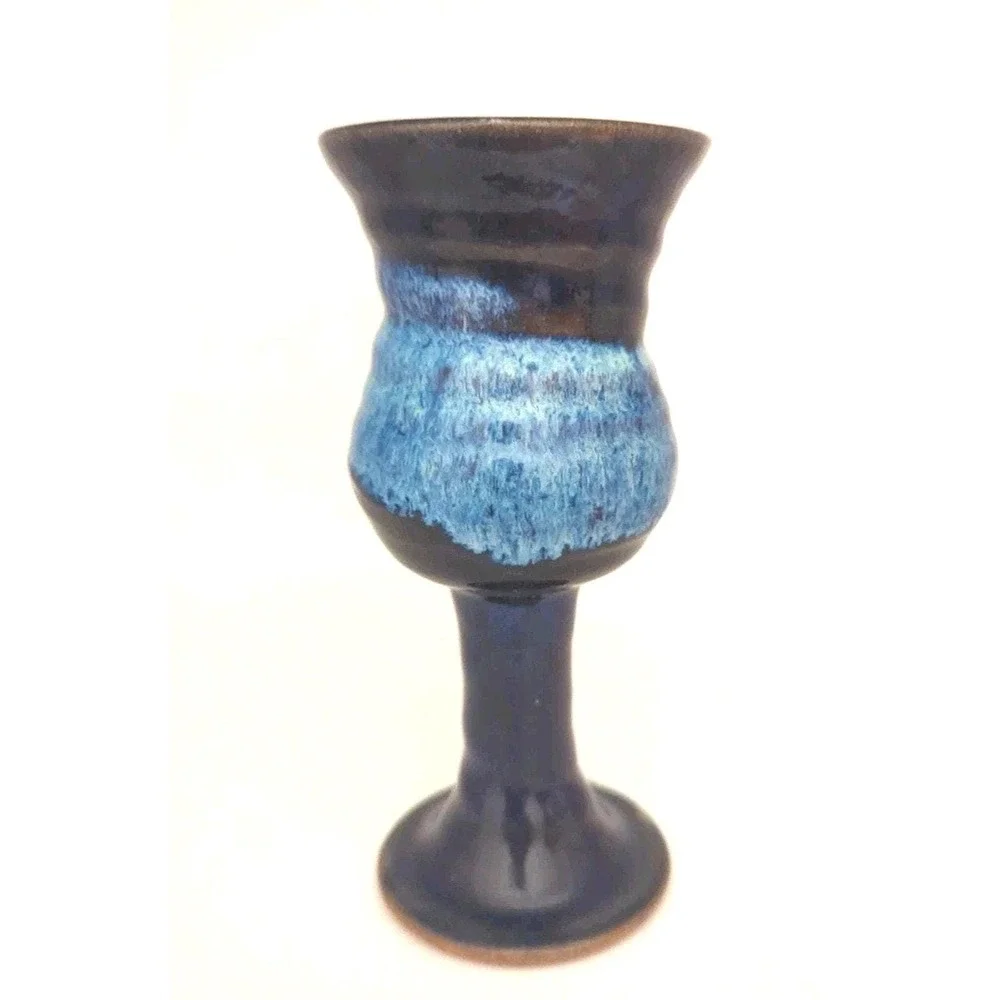 Vintage Studio Art Pottery Blue Drip Glaze Chalice Goblet Set 2 Piece 6.75in